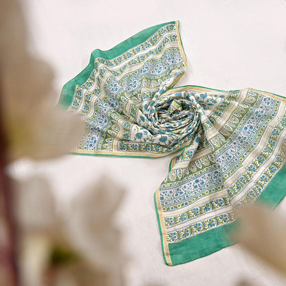 Indian Vintage Dupatta Green Dupatta Long Stole Block Print Pure Chanderi Silk Scarves Veil Golden Zari