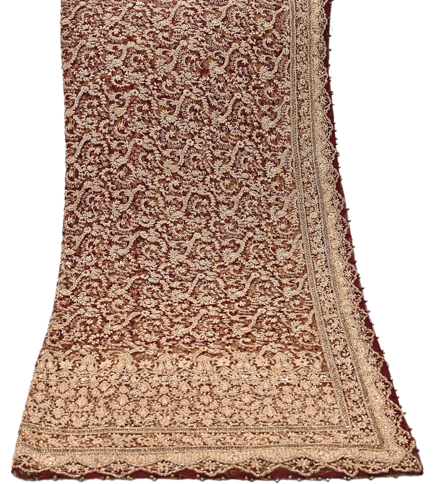 Indian Vintage Heavy Luxury Wedding Maroon Dupatta Net Mesh Long Stole Hand Embroidered Scarves Zardozi Zari Sequins Dridal Veil Hijab