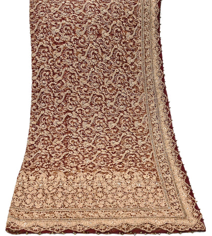 Indian Vintage Heavy Luxury Wedding Maroon Dupatta Net Mesh Long Stole Hand Embroidered Scarves Zardozi Zari Sequins Dridal Veil Hijab