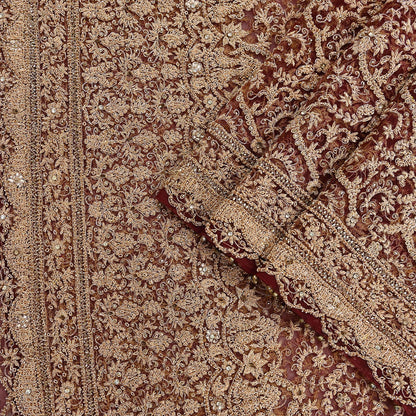Indian Vintage Heavy Luxury Wedding Maroon Dupatta Net Mesh Long Stole Hand Embroidered Scarves Zardozi Zari Sequins Dridal Veil Hijab