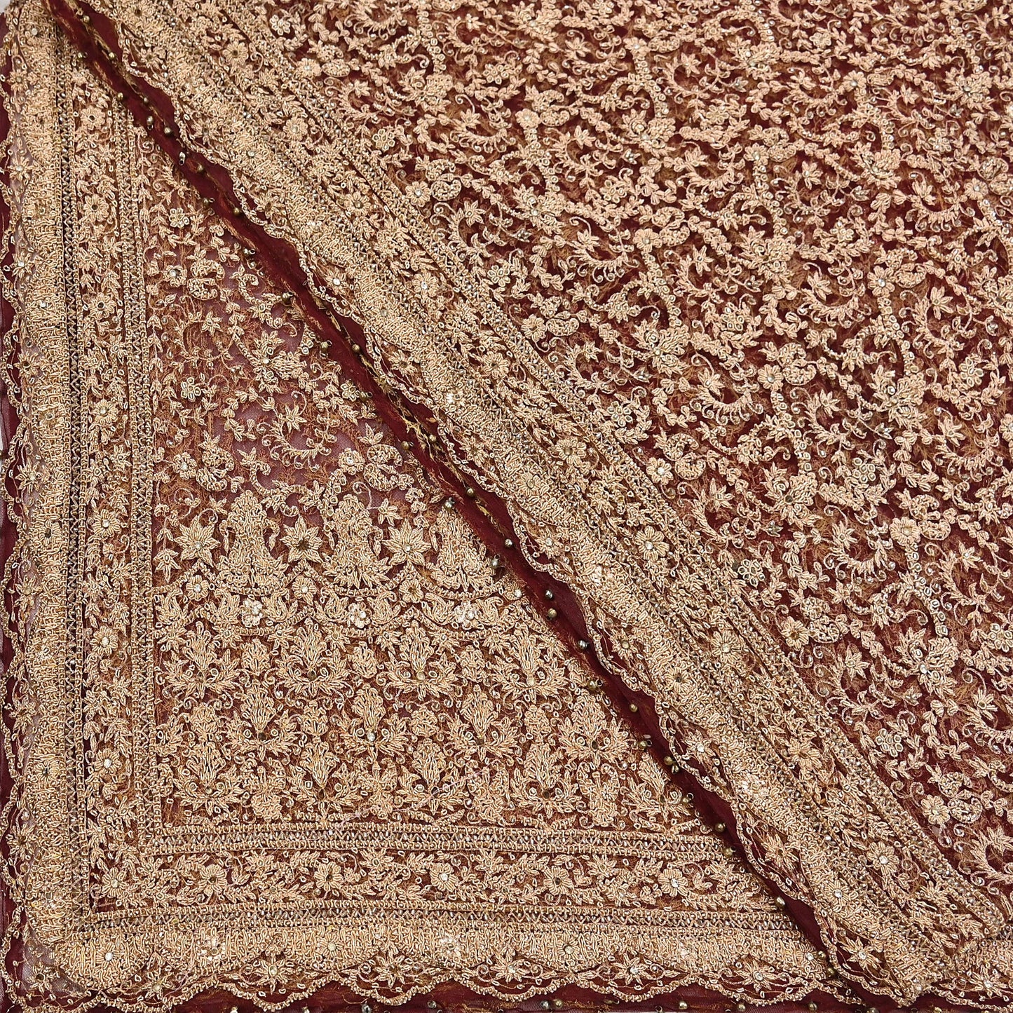 Indian Vintage Heavy Luxury Wedding Maroon Dupatta Net Mesh Long Stole Hand Embroidered Scarves Zardozi Zari Sequins Dridal Veil Hijab