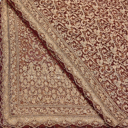 Indian Vintage Heavy Luxury Wedding Maroon Dupatta Net Mesh Long Stole Hand Embroidered Scarves Zardozi Zari Sequins Dridal Veil Hijab