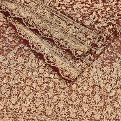 Indian Vintage Heavy Luxury Wedding Maroon Dupatta Net Mesh Long Stole Hand Embroidered Scarves Zardozi Zari Sequins Dridal Veil Hijab