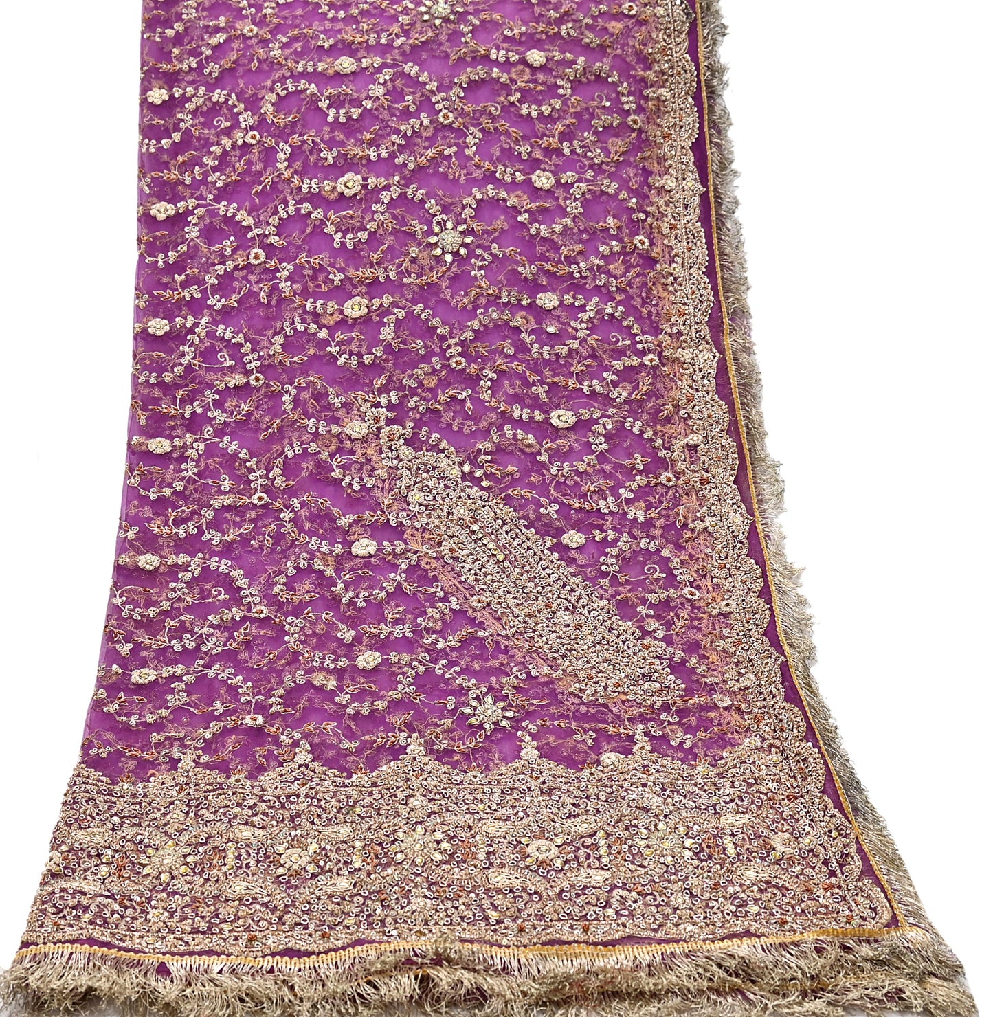 Indian Vintage Heavy Luxury Wedding Purple Dupatta Net Mesh Long Stole Hand Embroidered Scarf Zardozi Zari Sequins Stole Bridal Veil