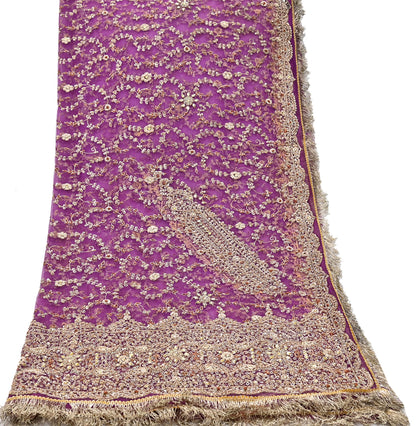 Indian Vintage Heavy Luxury Wedding Purple Dupatta Net Mesh Long Stole Hand Embroidered Scarf Zardozi Zari Sequins Stole Bridal Veil