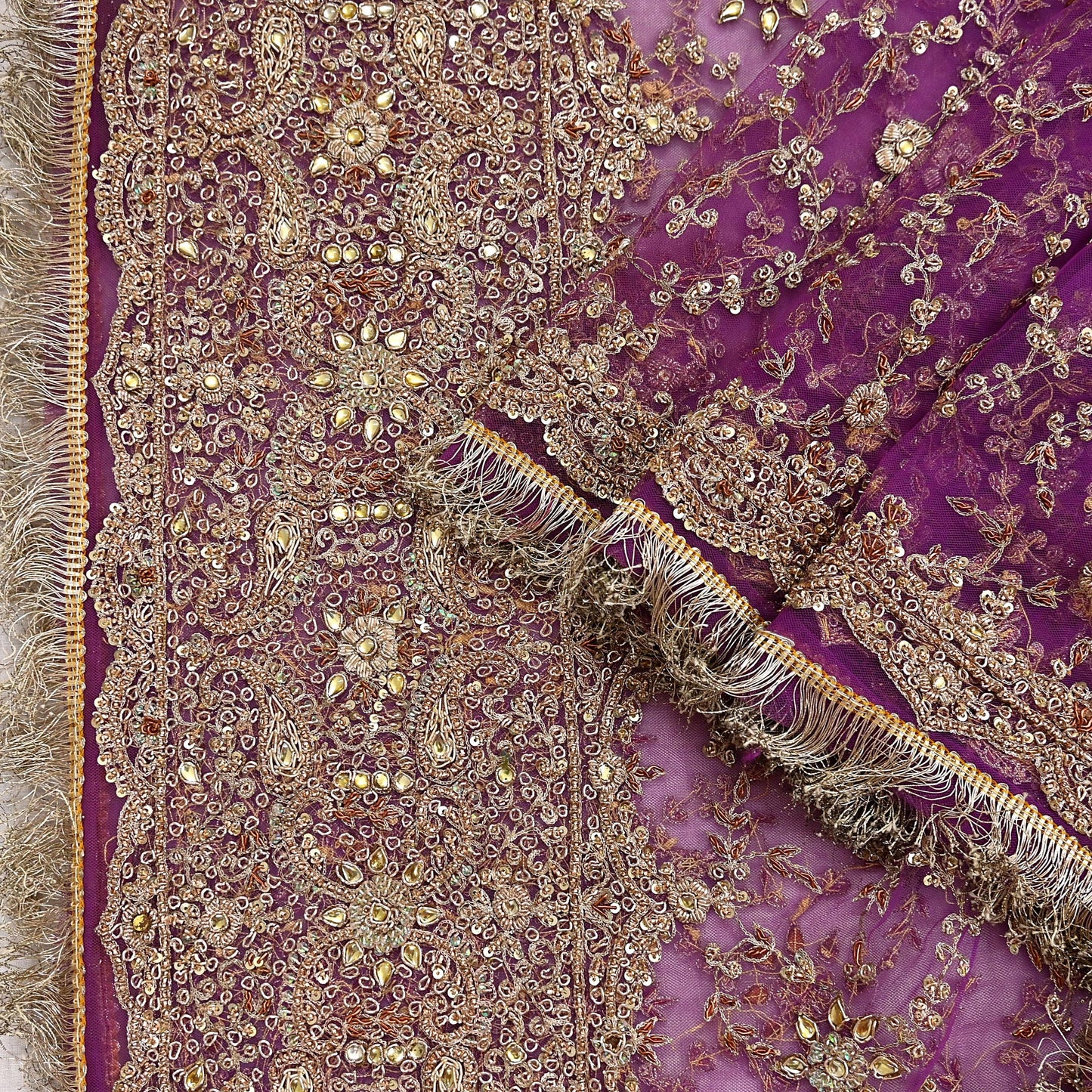 Indian Vintage Heavy Luxury Wedding Purple Dupatta Net Mesh Long Stole Hand Embroidered Scarf Zardozi Zari Sequins Stole Bridal Veil