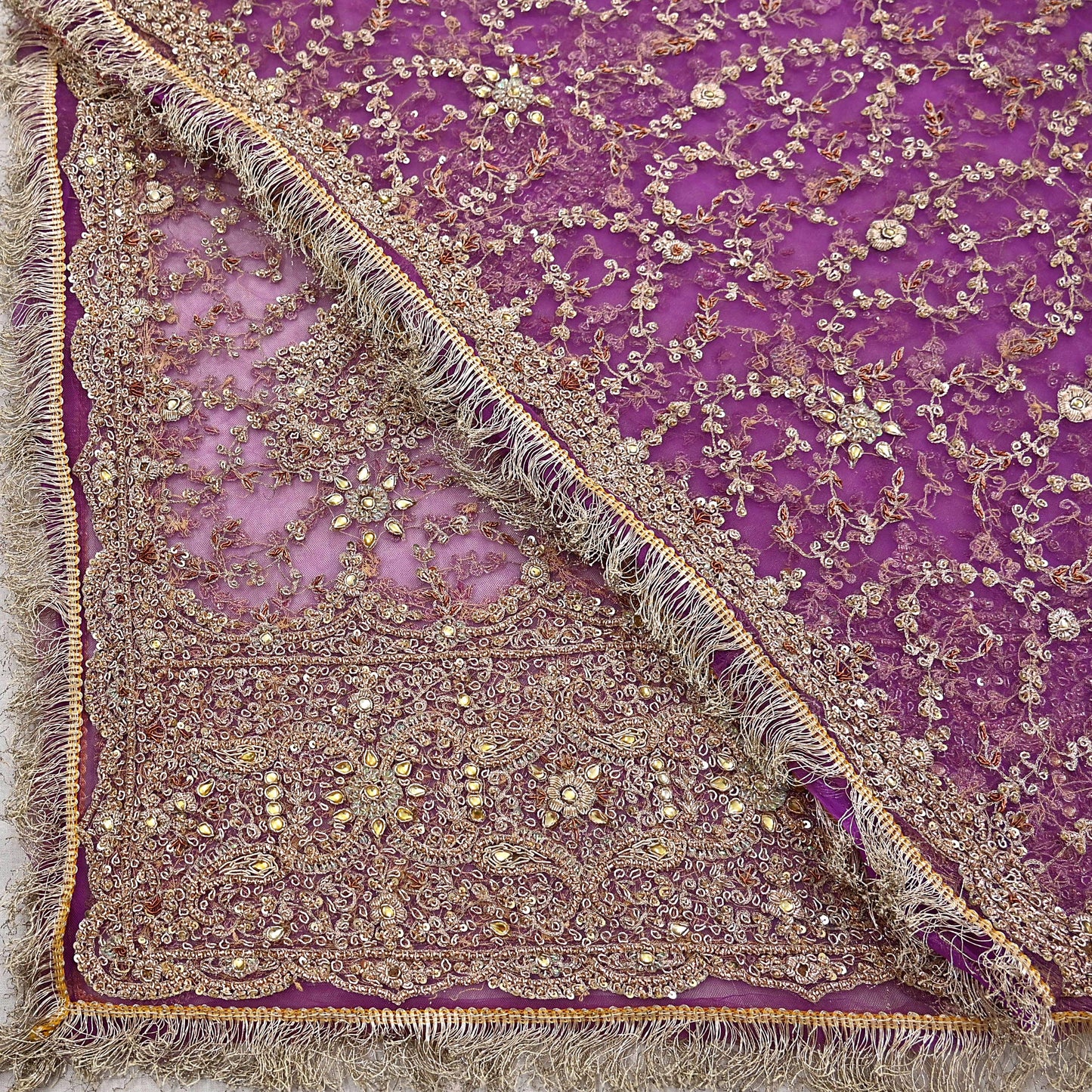 Indian Vintage Heavy Luxury Wedding Purple Dupatta Net Mesh Long Stole Hand Embroidered Scarf Zardozi Zari Sequins Stole Bridal Veil