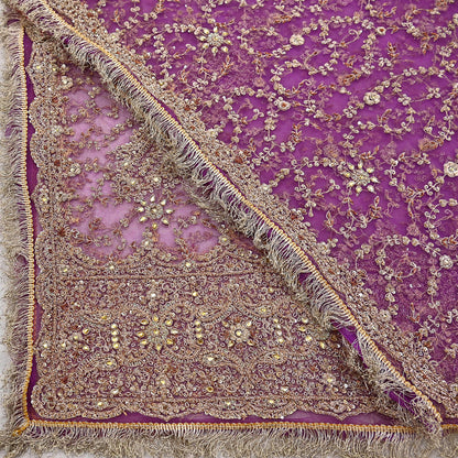 Indian Vintage Heavy Luxury Wedding Purple Dupatta Net Mesh Long Stole Hand Embroidered Scarf Zardozi Zari Sequins Stole Bridal Veil