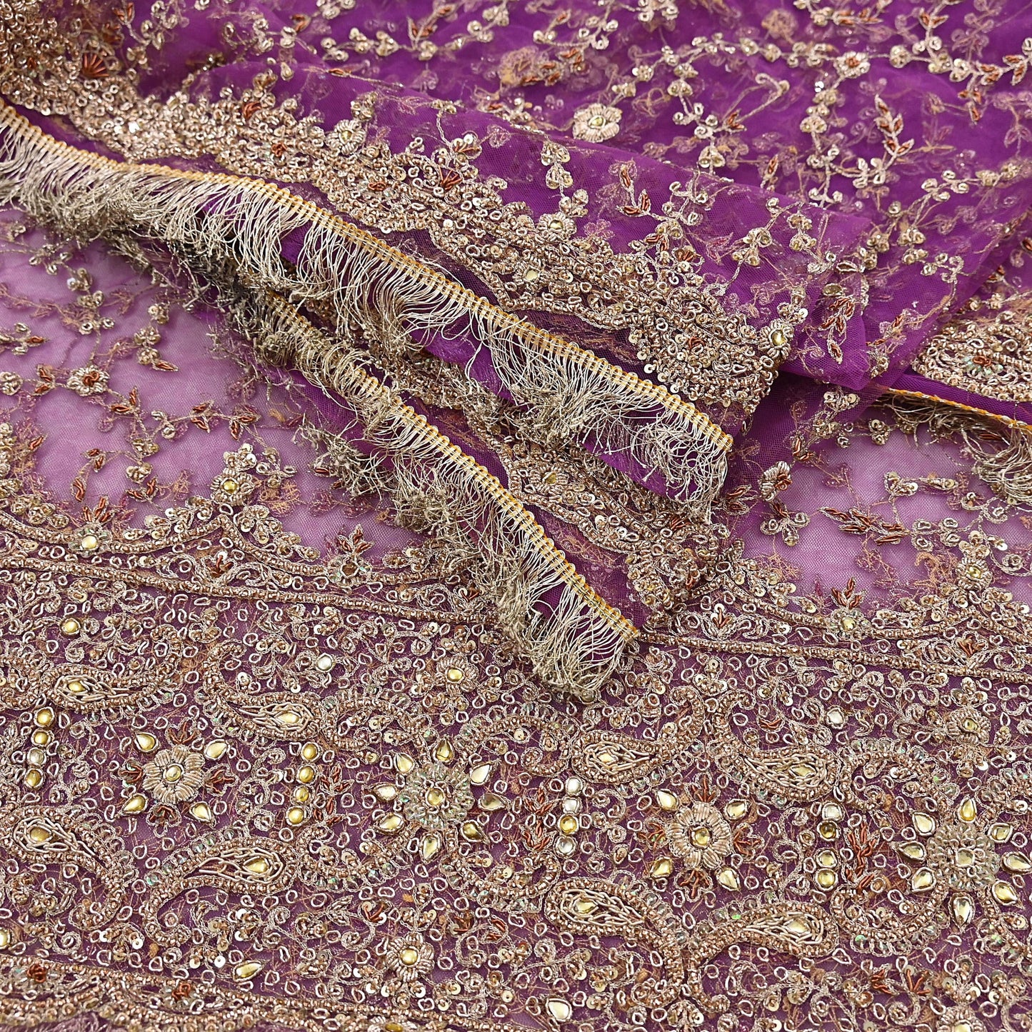 Indian Vintage Heavy Luxury Wedding Purple Dupatta Net Mesh Long Stole Hand Embroidered Scarf Zardozi Zari Sequins Stole Bridal Veil