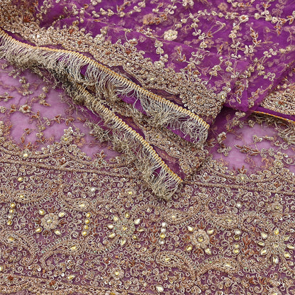 Indian Vintage Heavy Luxury Wedding Purple Dupatta Net Mesh Long Stole Hand Embroidered Scarf Zardozi Zari Sequins Stole Bridal Veil