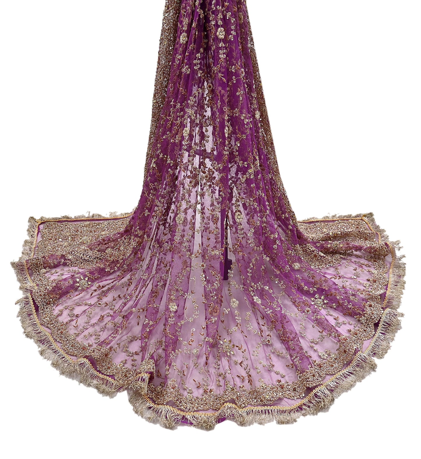 Indian Vintage Heavy Luxury Wedding Purple Dupatta Net Mesh Long Stole Hand Embroidered Scarf Zardozi Zari Sequins Stole Bridal Veil