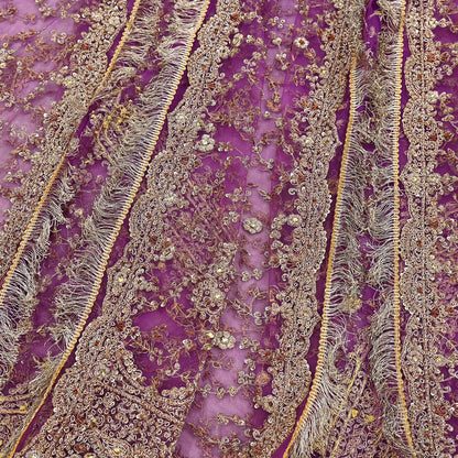 Indian Vintage Heavy Luxury Wedding Purple Dupatta Net Mesh Long Stole Hand Embroidered Scarf Zardozi Zari Sequins Stole Bridal Veil