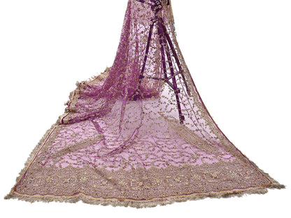 Indian Vintage Heavy Luxury Wedding Purple Dupatta Net Mesh Long Stole Hand Embroidered Scarf Zardozi Zari Sequins Stole Bridal Veil