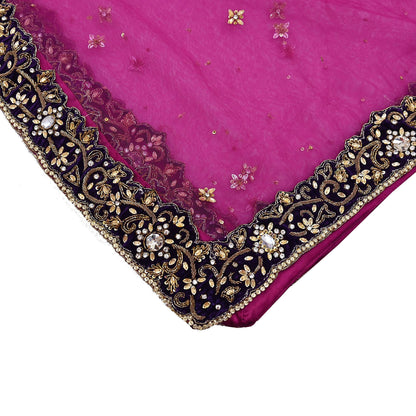 Indian Vintage Luxury Heavy Bridal Pink Dupatta Net Mesh Long Stole Hand Embroidered Scarves Golden Zardozi Dabka Zari Sequins Veil Hijab