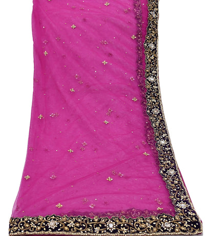 Indian Vintage Luxury Heavy Bridal Pink Dupatta Net Mesh Long Stole Hand Embroidered Scarves Golden Zardozi Dabka Zari Sequins Veil Hijab