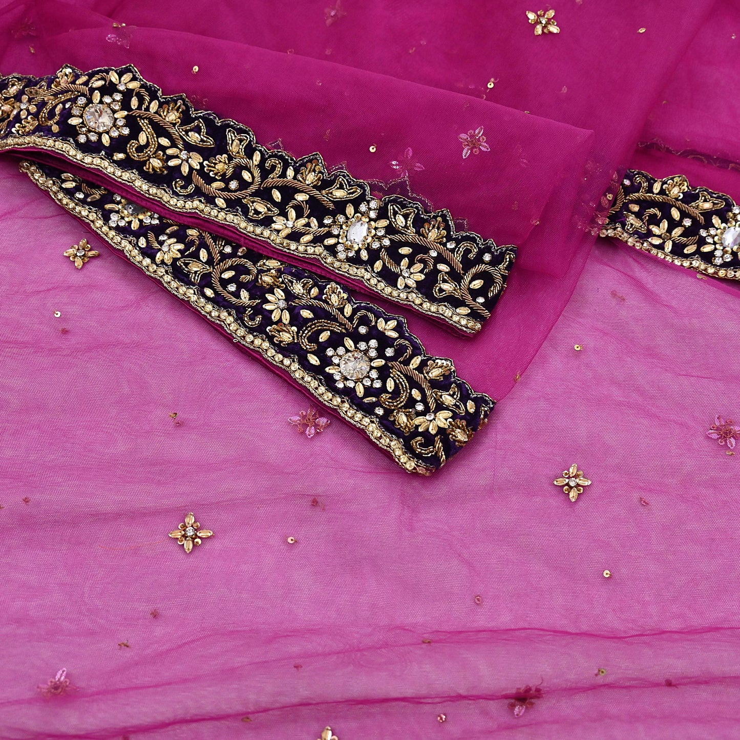 Indian Vintage Luxury Heavy Bridal Pink Dupatta Net Mesh Long Stole Hand Embroidered Scarves Golden Zardozi Dabka Zari Sequins Veil Hijab