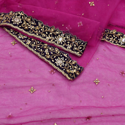 Indian Vintage Luxury Heavy Bridal Pink Dupatta Net Mesh Long Stole Hand Embroidered Scarves Golden Zardozi Dabka Zari Sequins Veil Hijab