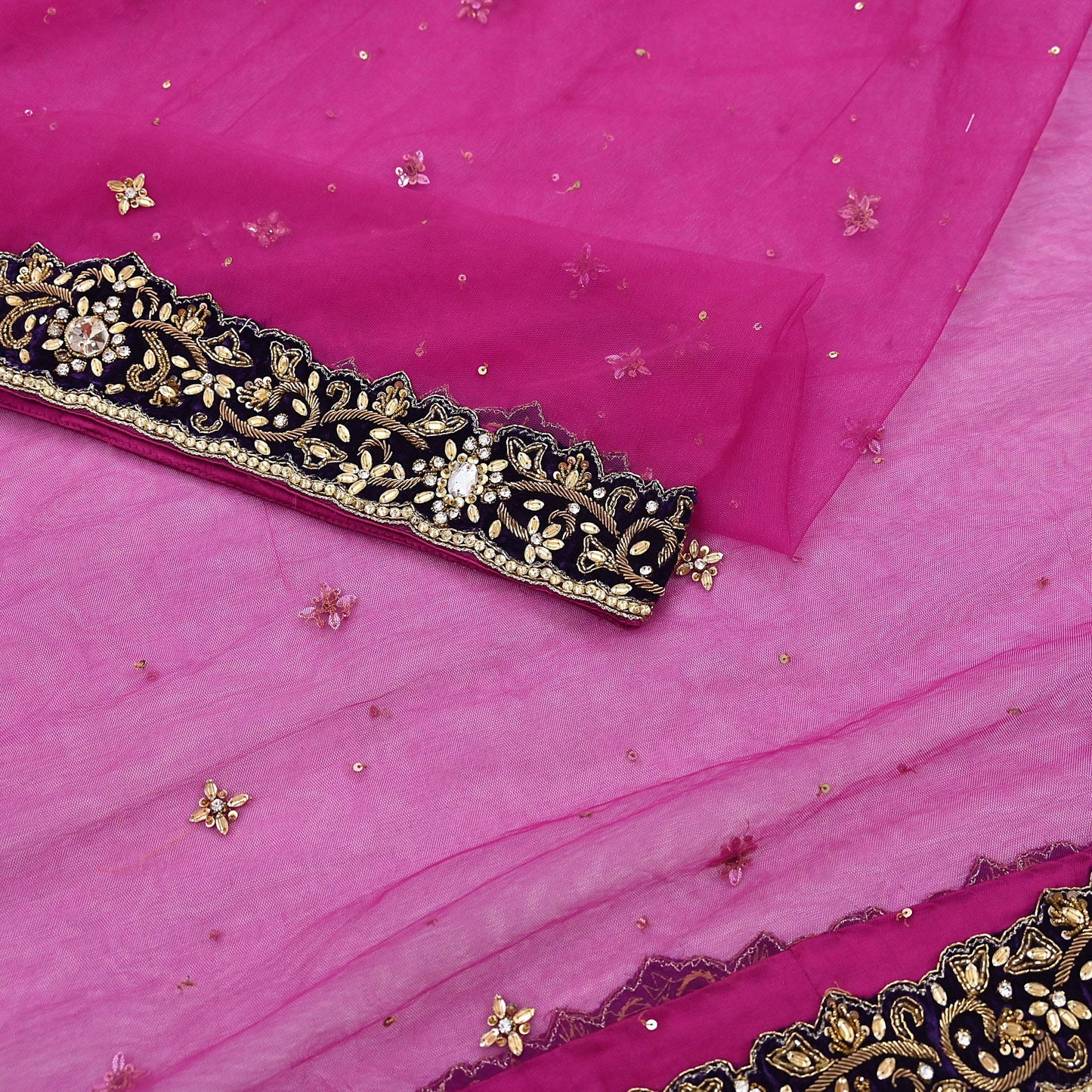 Indian Vintage Luxury Heavy Bridal Pink Dupatta Net Mesh Long Stole Hand Embroidered Scarves Golden Zardozi Dabka Zari Sequins Veil Hijab
