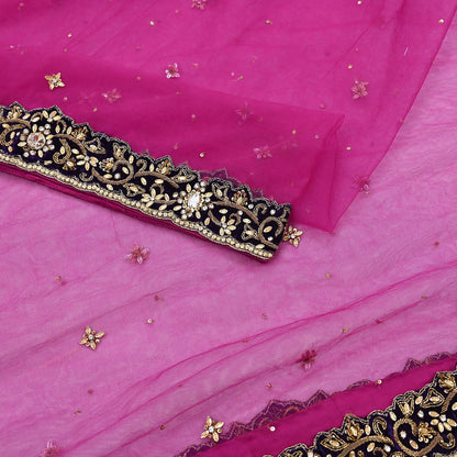 Indian Vintage Luxury Heavy Bridal Pink Dupatta Net Mesh Long Stole Hand Embroidered Scarves Golden Zardozi Dabka Zari Sequins Veil Hijab