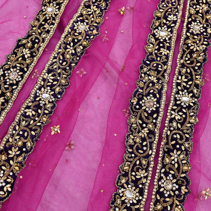 Indian Vintage Luxury Heavy Bridal Pink Dupatta Net Mesh Long Stole Hand Embroidered Scarves Golden Zardozi Dabka Zari Sequins Veil Hijab