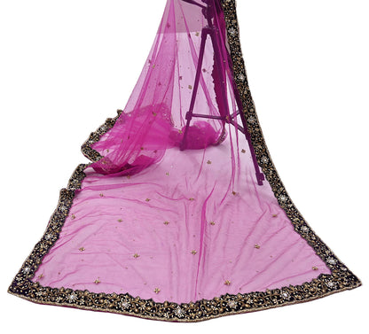 Indian Vintage Luxury Heavy Bridal Pink Dupatta Net Mesh Long Stole Hand Embroidered Scarves Golden Zardozi Dabka Zari Sequins Veil Hijab