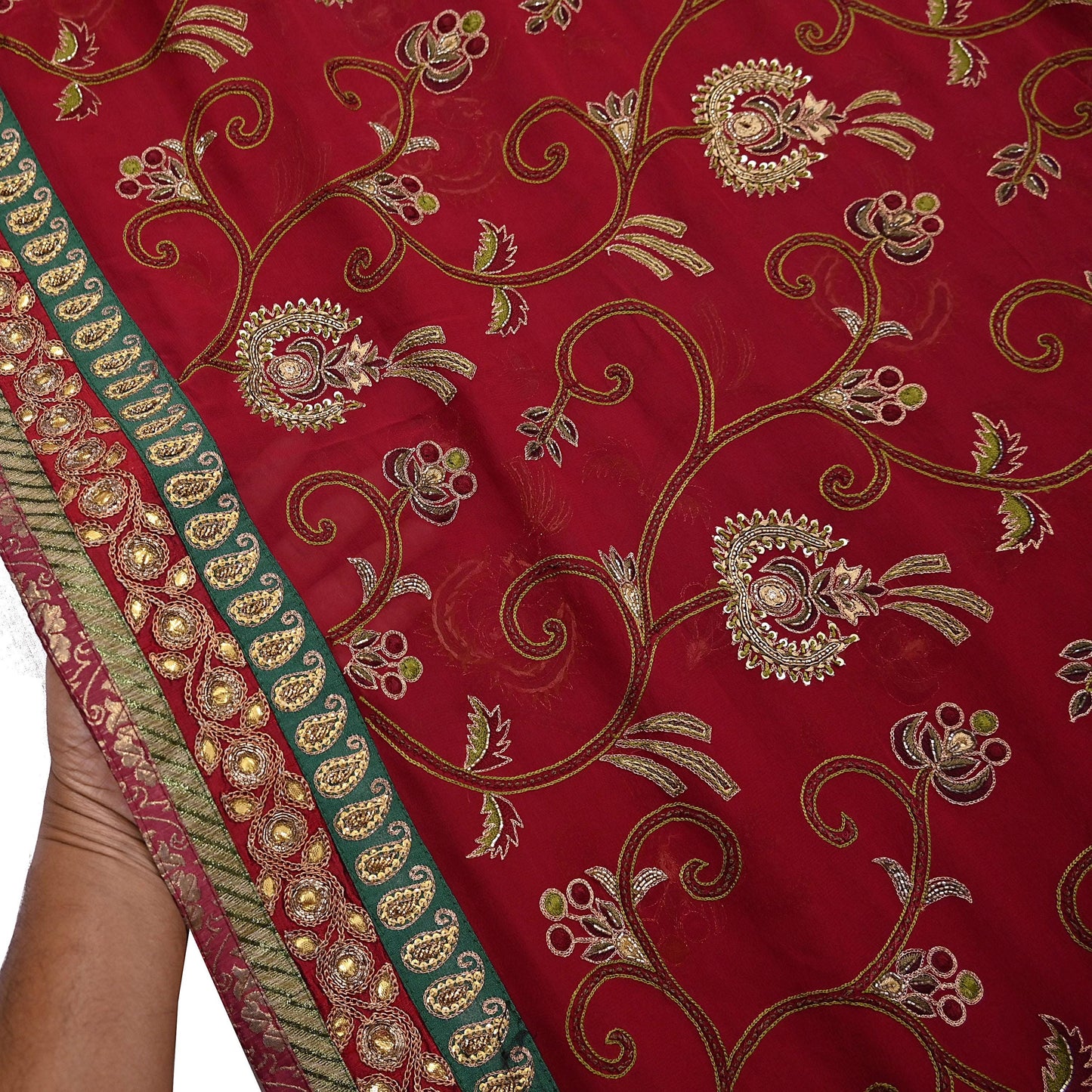 Indian Vintage Sari Red Pure Georgette Silk Hand Embroidered Sarees Craft Fabric 5Yd Sewing Soft Ethnic Wedding Sarees with Blouse Fabric