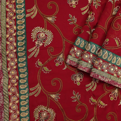 Indian Vintage Sari Red Pure Georgette Silk Hand Embroidered Sarees Craft Fabric 5Yd Sewing Soft Ethnic Wedding Sarees with Blouse Fabric