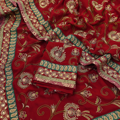 Indian Vintage Sari Red Pure Georgette Silk Hand Embroidered Sarees Craft Fabric 5Yd Sewing Soft Ethnic Wedding Sarees with Blouse Fabric