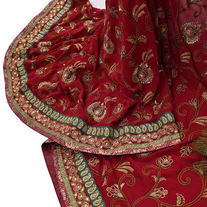 Indian Vintage Sari Red Pure Georgette Silk Hand Embroidered Sarees Craft Fabric 5Yd Sewing Soft Ethnic Wedding Sarees with Blouse Fabric