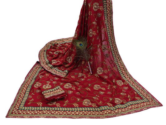 Indian Vintage Sari Red Pure Georgette Silk Hand Embroidered Sarees Craft Fabric 5Yd Sewing Soft Ethnic Wedding Sarees with Blouse Fabric
