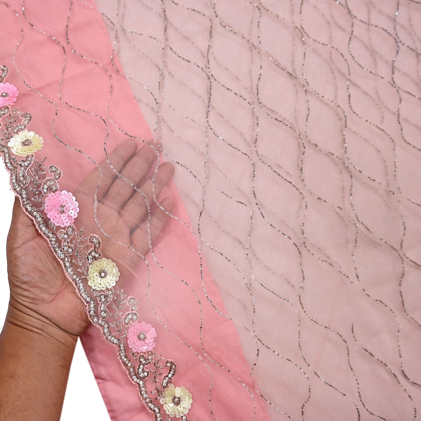 Indian Vintage Heavy Sari Peach Net/Mesh Hand Embroidered Sarees Craft Fabric 6Yd Sewing Soft Zardozi Wedding sarees With Blouse fabric