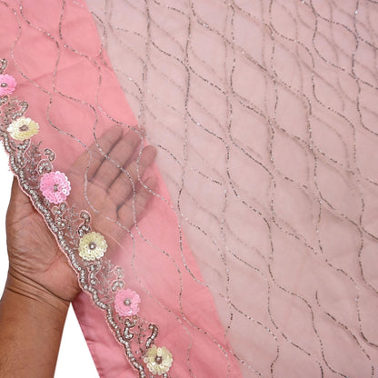 Indian Vintage Heavy Sari Peach Net/Mesh Hand Embroidered Sarees Craft Fabric 6Yd Sewing Soft Zardozi Wedding sarees With Blouse fabric