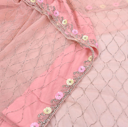 Indian Vintage Heavy Sari Peach Net/Mesh Hand Embroidered Sarees Craft Fabric 6Yd Sewing Soft Zardozi Wedding sarees With Blouse fabric