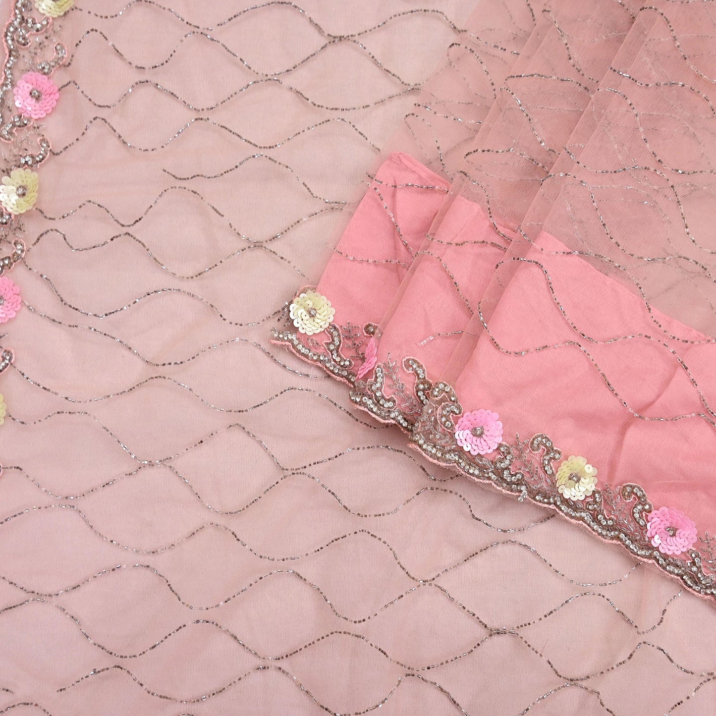 Indian Vintage Heavy Sari Peach Net/Mesh Hand Embroidered Sarees Craft Fabric 6Yd Sewing Soft Zardozi Wedding sarees With Blouse fabric