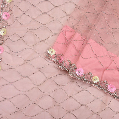 Indian Vintage Heavy Sari Peach Net/Mesh Hand Embroidered Sarees Craft Fabric 6Yd Sewing Soft Zardozi Wedding sarees With Blouse fabric