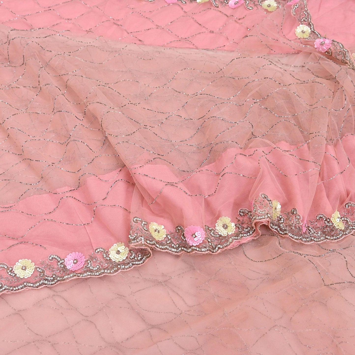 Indian Vintage Heavy Sari Peach Net/Mesh Hand Embroidered Sarees Craft Fabric 6Yd Sewing Soft Zardozi Wedding sarees With Blouse fabric