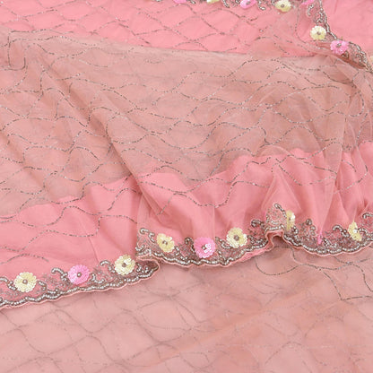 Indian Vintage Heavy Sari Peach Net/Mesh Hand Embroidered Sarees Craft Fabric 6Yd Sewing Soft Zardozi Wedding sarees With Blouse fabric