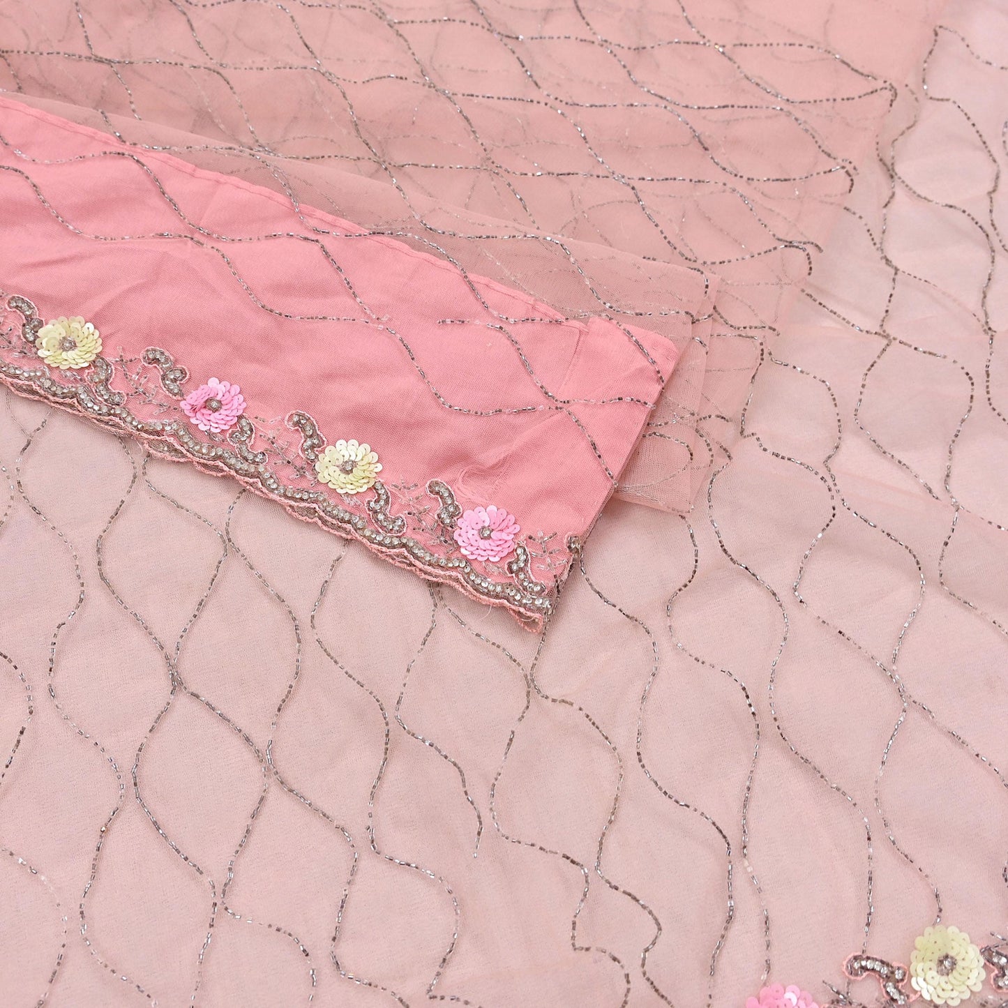 Indian Vintage Heavy Sari Peach Net/Mesh Hand Embroidered Sarees Craft Fabric 6Yd Sewing Soft Zardozi Wedding sarees With Blouse fabric