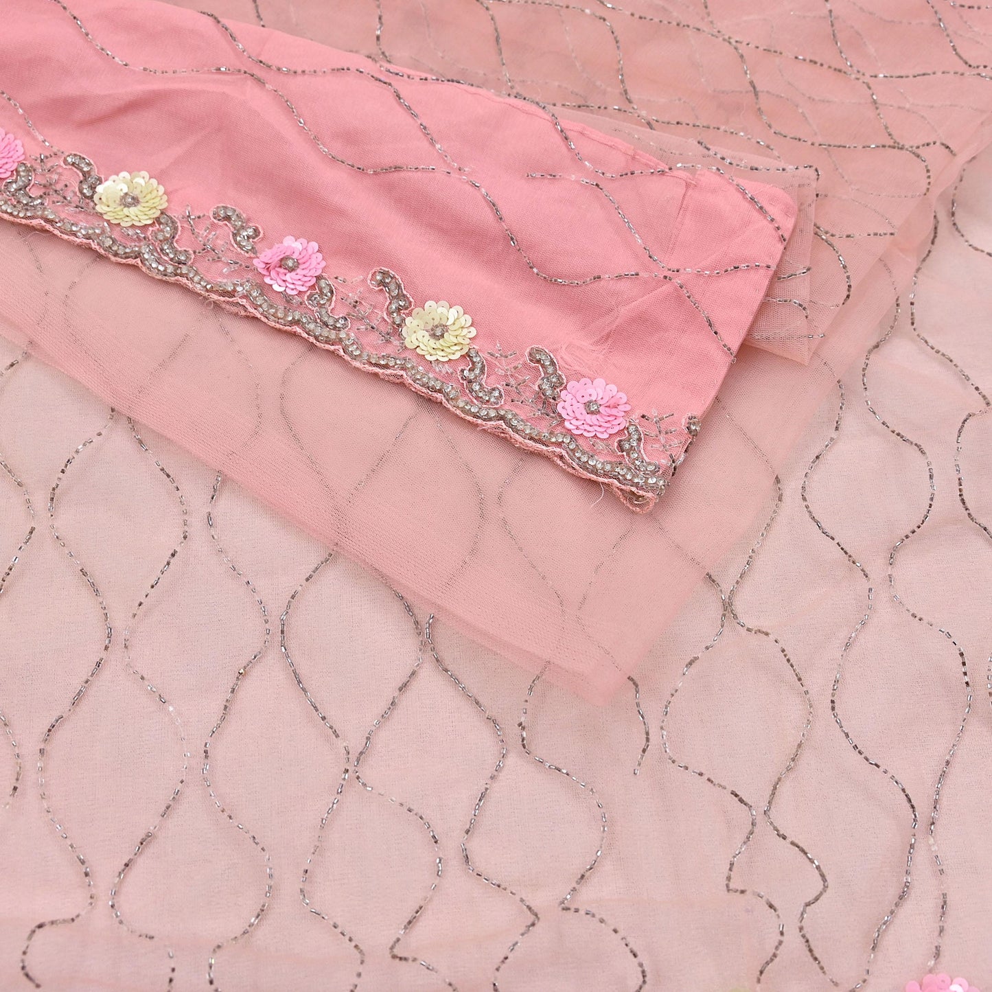 Indian Vintage Heavy Sari Peach Net/Mesh Hand Embroidered Sarees Craft Fabric 6Yd Sewing Soft Zardozi Wedding sarees With Blouse fabric