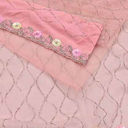 Indian Vintage Heavy Sari Peach Net/Mesh Hand Embroidered Sarees Craft Fabric 6Yd Sewing Soft Zardozi Wedding sarees With Blouse fabric