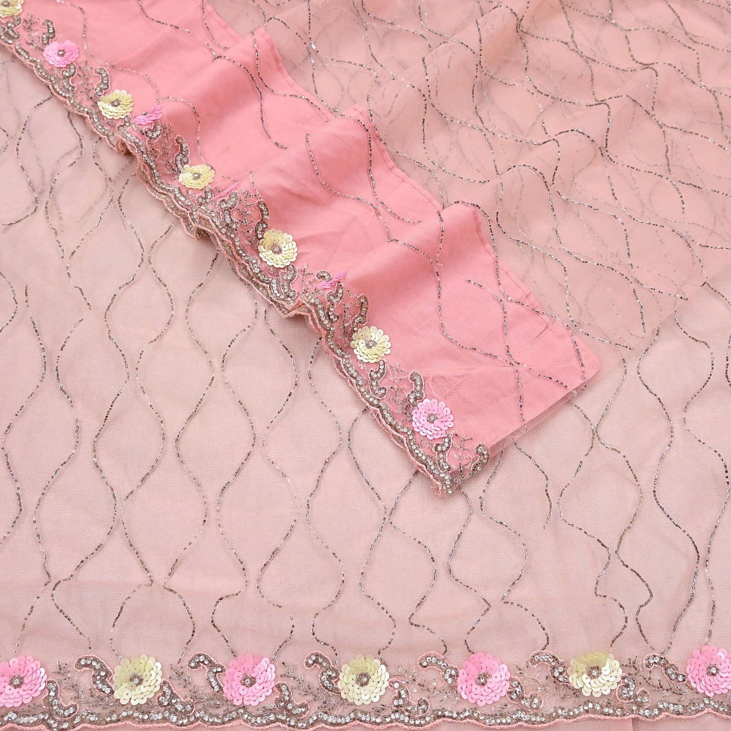 Indian Vintage Heavy Sari Peach Net/Mesh Hand Embroidered Sarees Craft Fabric 6Yd Sewing Soft Zardozi Wedding sarees With Blouse fabric