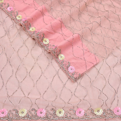 Indian Vintage Heavy Sari Peach Net/Mesh Hand Embroidered Sarees Craft Fabric 6Yd Sewing Soft Zardozi Wedding sarees With Blouse fabric