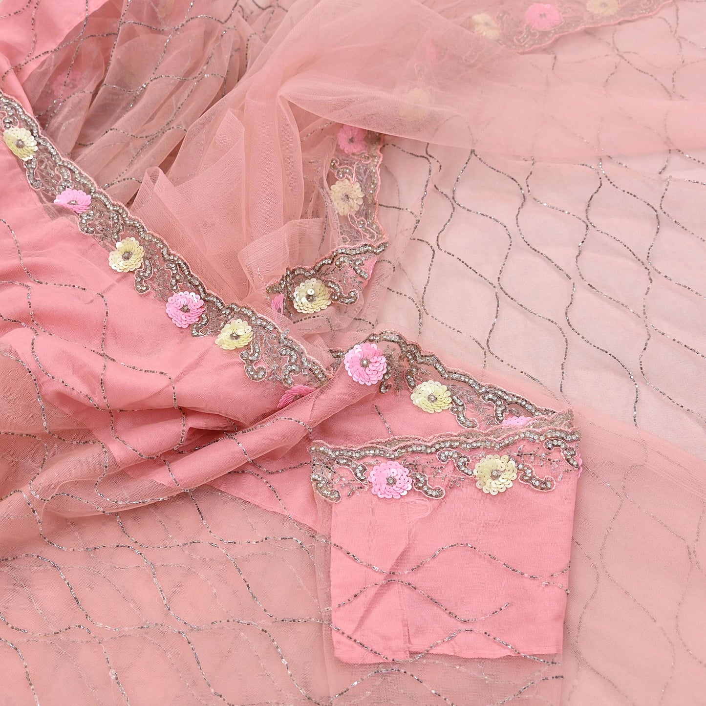 Indian Vintage Heavy Sari Peach Net/Mesh Hand Embroidered Sarees Craft Fabric 6Yd Sewing Soft Zardozi Wedding sarees With Blouse fabric