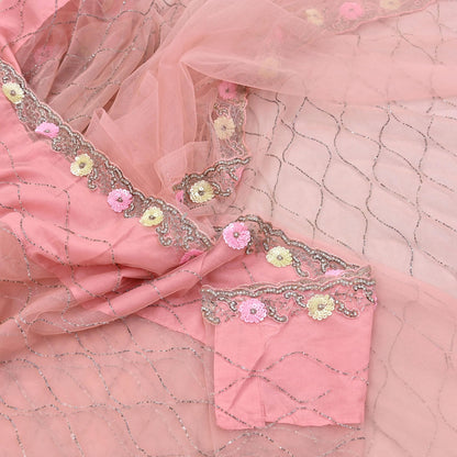 Indian Vintage Heavy Sari Peach Net/Mesh Hand Embroidered Sarees Craft Fabric 6Yd Sewing Soft Zardozi Wedding sarees With Blouse fabric