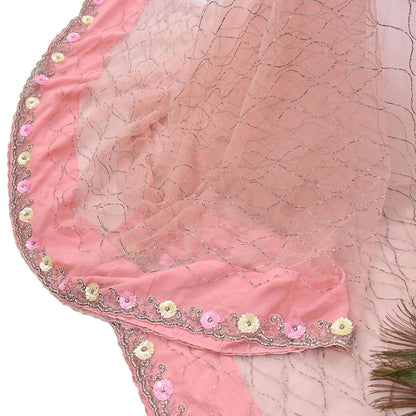 Indian Vintage Heavy Sari Peach Net/Mesh Hand Embroidered Sarees Craft Fabric 6Yd Sewing Soft Zardozi Wedding sarees With Blouse fabric