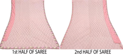 Indian Vintage Heavy Sari Peach Net/Mesh Hand Embroidered Sarees Craft Fabric 6Yd Sewing Soft Zardozi Wedding sarees With Blouse fabric