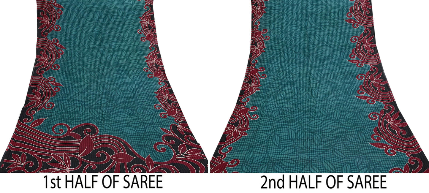 Indian Vintage Sari Green & Black 100% Pure Silk Printed Sarees 5yd Sewing Craft Fabric DressMaking Crafting Quilting Upcycle