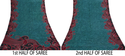 Indian Vintage Sari Green & Black 100% Pure Silk Printed Sarees 5yd Sewing Craft Fabric DressMaking Crafting Quilting Upcycle