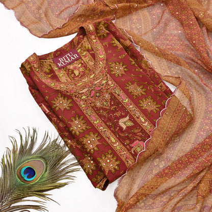 Indian Pre-Owned Rusty Red Pure Silk Hand Embroidered Ritu Kumar Designer 3 Piece Suit Set (Kurta + Dupatta + Salwar)