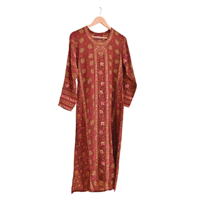 Indian Pre-Owned Rusty Red Pure Silk Hand Embroidered Ritu Kumar Designer 3 Piece Suit Set (Kurta + Dupatta + Salwar)